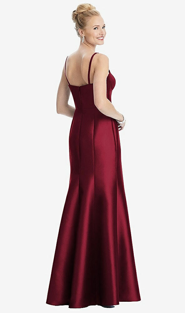 Back View - Burgundy Bustier Bodice Satin Trumpet Gown