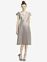Front View Thumbnail - Taupe Cap Sleeve V-Neck Satin Midi Dress with Pockets