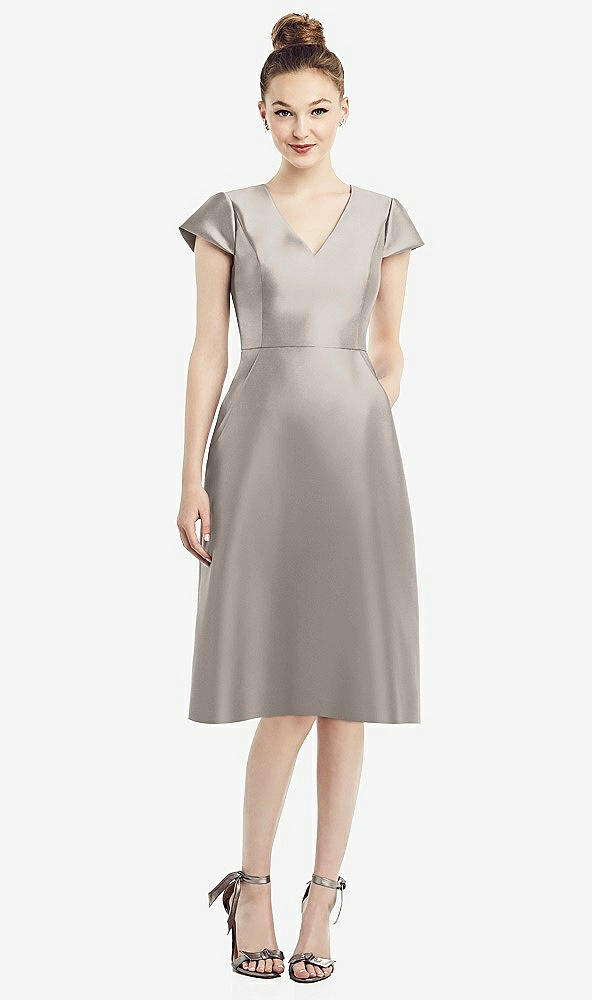 Front View - Taupe Cap Sleeve V-Neck Satin Midi Dress with Pockets