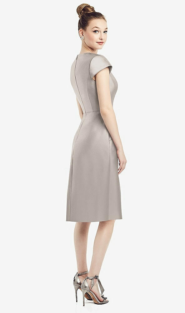 Back View - Taupe Cap Sleeve V-Neck Satin Midi Dress with Pockets