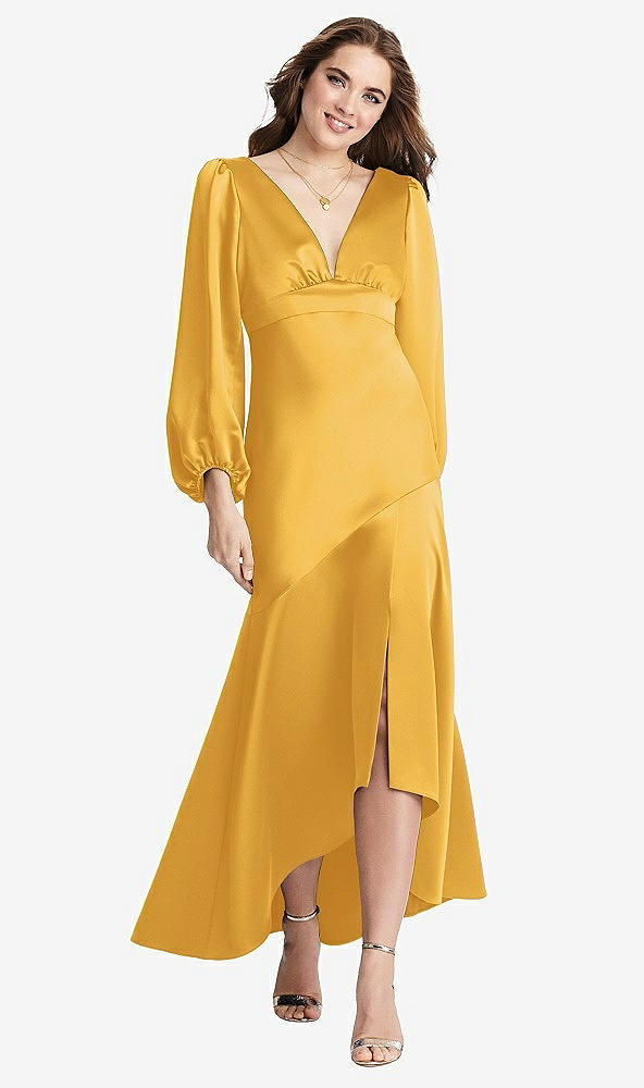 Front View - NYC Yellow Puff Sleeve Asymmetrical Drop Waist High-Low Slip Dress - Teagan