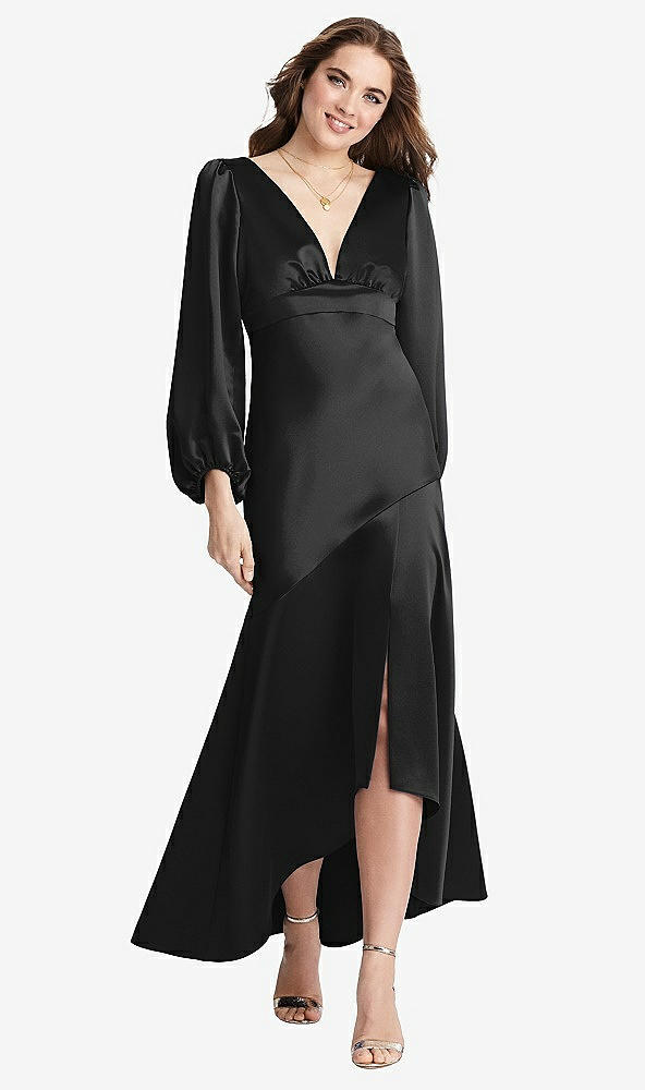 Front View - Black Puff Sleeve Asymmetrical Drop Waist High-Low Slip Dress - Teagan