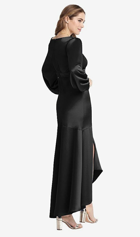 Back View - Black Puff Sleeve Asymmetrical Drop Waist High-Low Slip Dress - Teagan