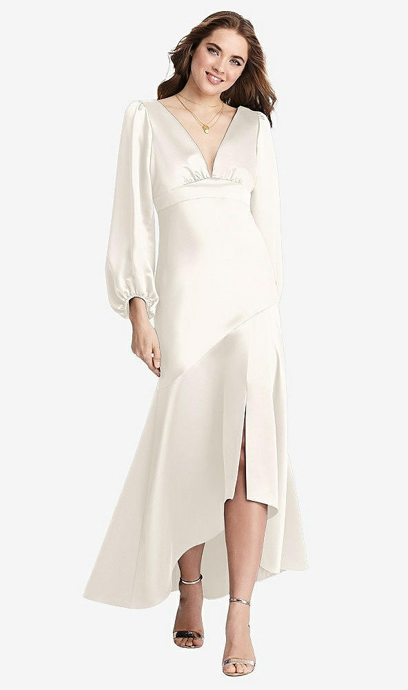 Front View - Ivory Puff Sleeve Asymmetrical Drop Waist High-Low Slip Dress - Teagan