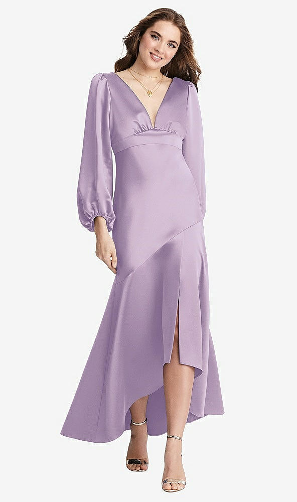 Front View - Pale Purple Puff Sleeve Asymmetrical Drop Waist High-Low Slip Dress - Teagan