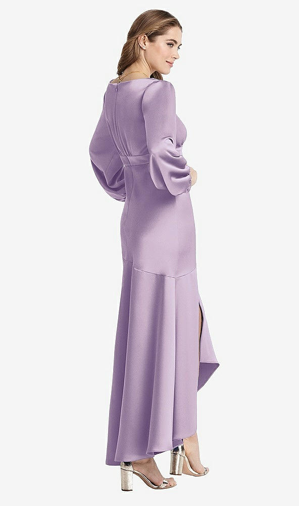 Back View - Pale Purple Puff Sleeve Asymmetrical Drop Waist High-Low Slip Dress - Teagan