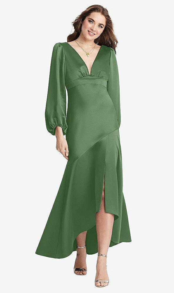 Front View - Vineyard Green Puff Sleeve Asymmetrical Drop Waist High-Low Slip Dress - Teagan