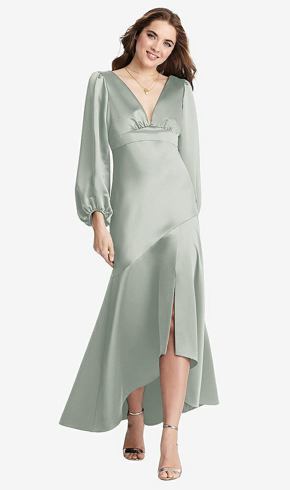 Front View - Willow Green Puff Sleeve Asymmetrical Drop Waist High-Low Slip Dress - Teagan