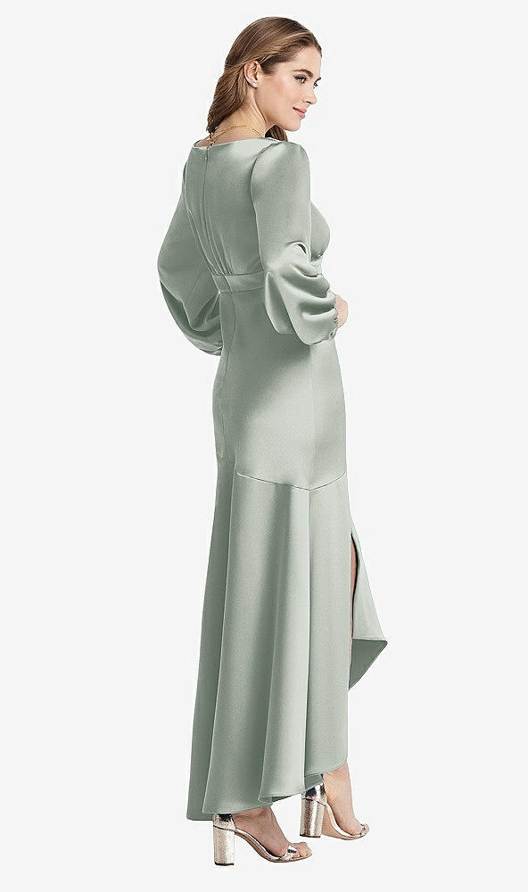 Back View - Willow Green Puff Sleeve Asymmetrical Drop Waist High-Low Slip Dress - Teagan