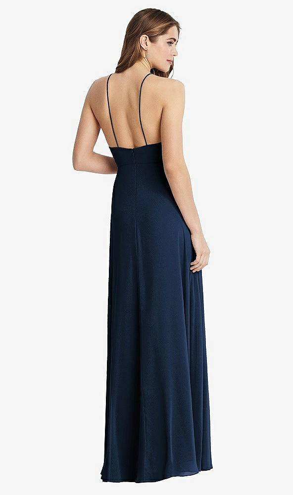 Back View - Midnight Navy High Neck Chiffon Maxi Dress with Front Slit - Lela