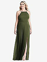 Alt View 1 Thumbnail - Olive Green High Neck Chiffon Maxi Dress with Front Slit - Lela