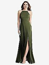 Front View Thumbnail - Olive Green High Neck Chiffon Maxi Dress with Front Slit - Lela