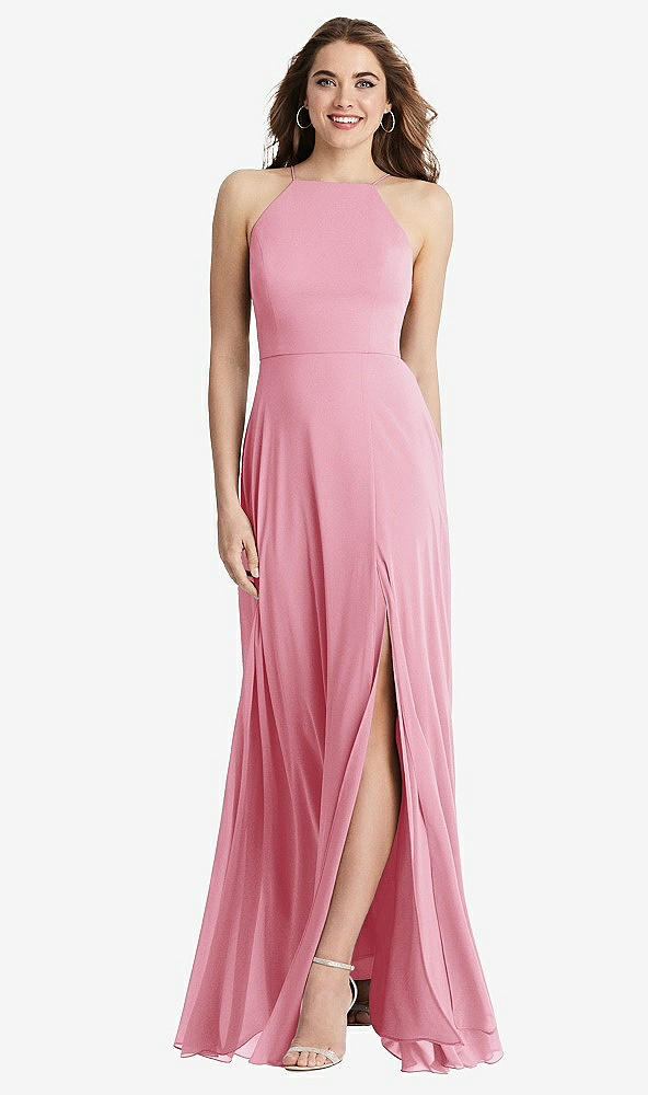 Front View - Peony Pink High Neck Chiffon Maxi Dress with Front Slit - Lela