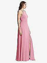 Side View Thumbnail - Peony Pink High Neck Chiffon Maxi Dress with Front Slit - Lela