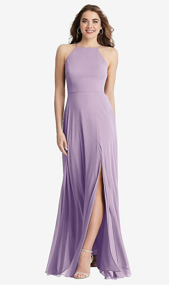 Front View - Pale Purple High Neck Chiffon Maxi Dress with Front Slit - Lela