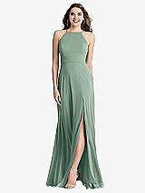 Front View Thumbnail - Seagrass High Neck Chiffon Maxi Dress with Front Slit - Lela