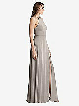 Side View Thumbnail - Taupe High Neck Chiffon Maxi Dress with Front Slit - Lela