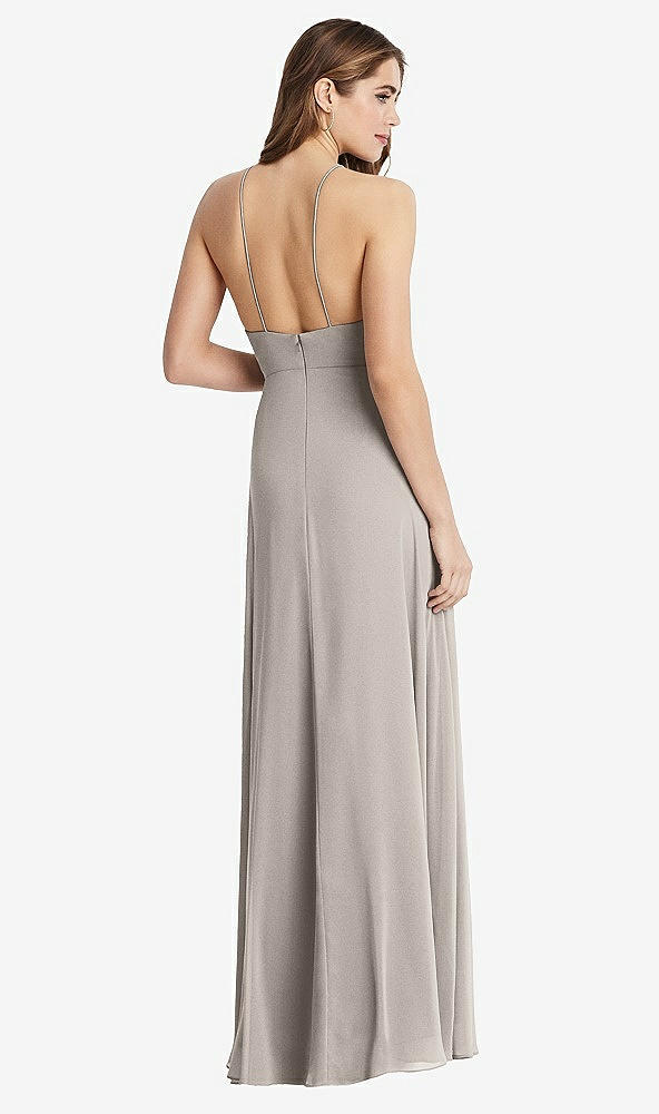 Back View - Taupe High Neck Chiffon Maxi Dress with Front Slit - Lela