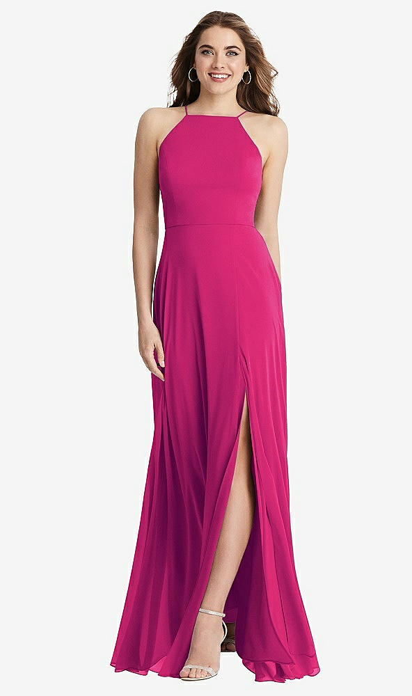 Front View - Think Pink High Neck Chiffon Maxi Dress with Front Slit - Lela