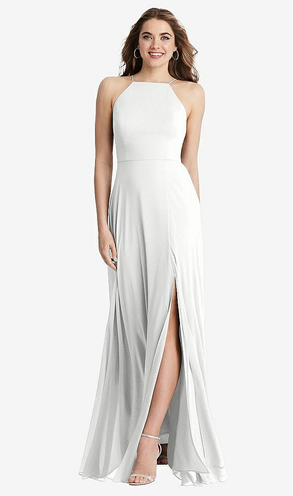 Front View - White High Neck Chiffon Maxi Dress with Front Slit - Lela