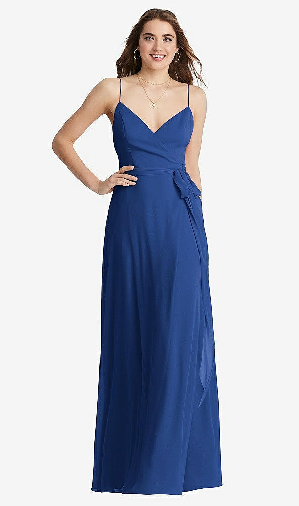 Front View - Classic Blue Chiffon Maxi Wrap Dress with Sash - Cora