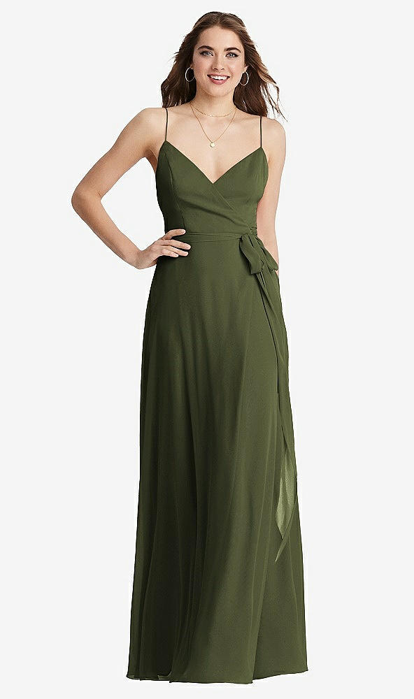 Front View - Olive Green Chiffon Maxi Wrap Dress with Sash - Cora