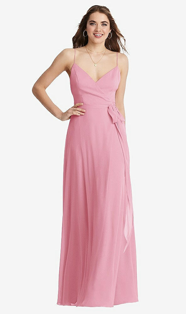 Front View - Peony Pink Chiffon Maxi Wrap Dress with Sash - Cora