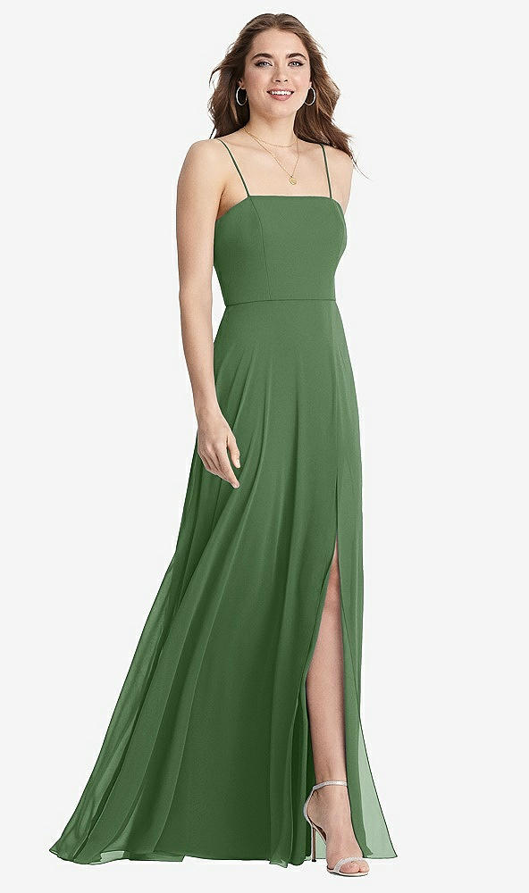 Front View - Vineyard Green Square Neck Chiffon Maxi Dress with Front Slit - Elliott