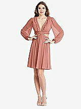 Alt View 1 Thumbnail - Desert Rose Bishop Sleeve Ruffled Chiffon Cutout Mini Dress - Hannah