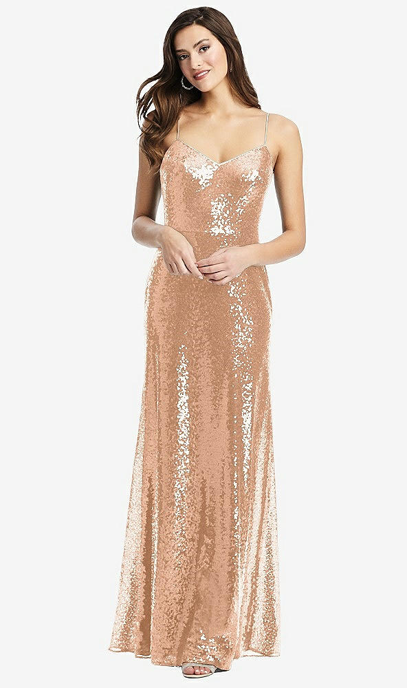 Front View - Copper Rose Spaghetti Strap Sequin Gown with Flared Skirt