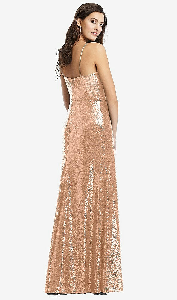 Back View - Copper Rose Spaghetti Strap Sequin Gown with Flared Skirt