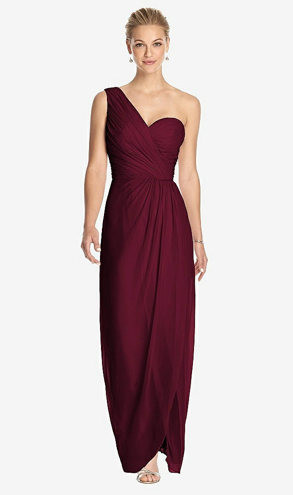 Front View - Cabernet One-Shoulder Draped Maxi Dress with Front Slit - Aeryn