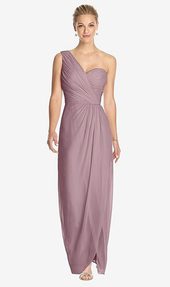 Front View - Dusty Rose One-Shoulder Draped Maxi Dress with Front Slit - Aeryn