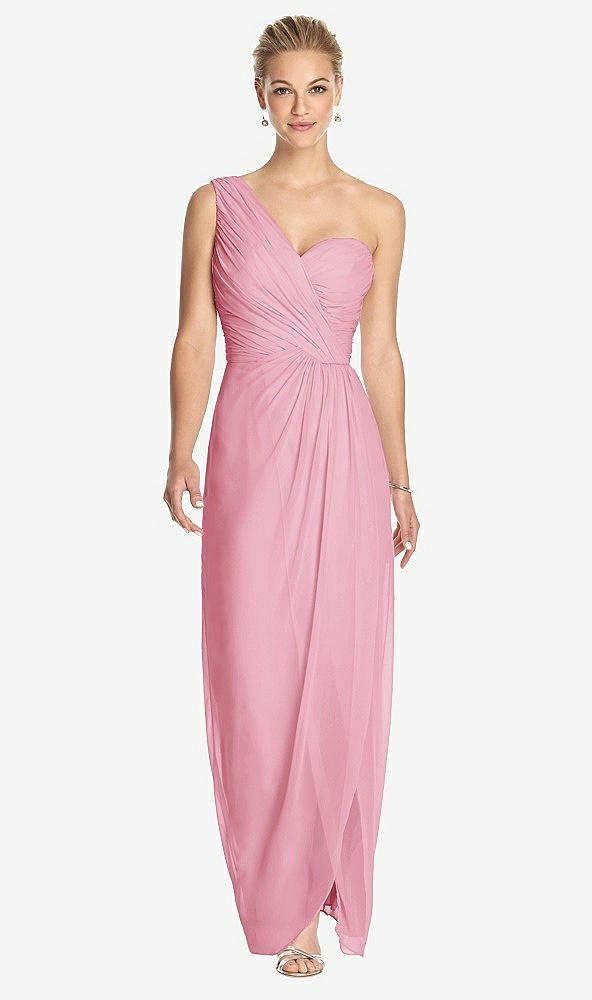 Front View - Peony Pink One-Shoulder Draped Maxi Dress with Front Slit - Aeryn