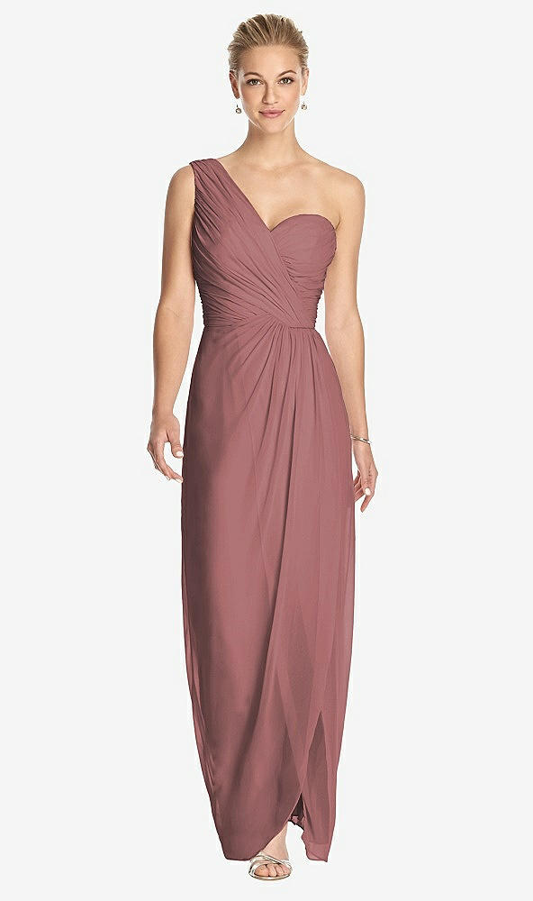 Front View - Rosewood One-Shoulder Draped Maxi Dress with Front Slit - Aeryn