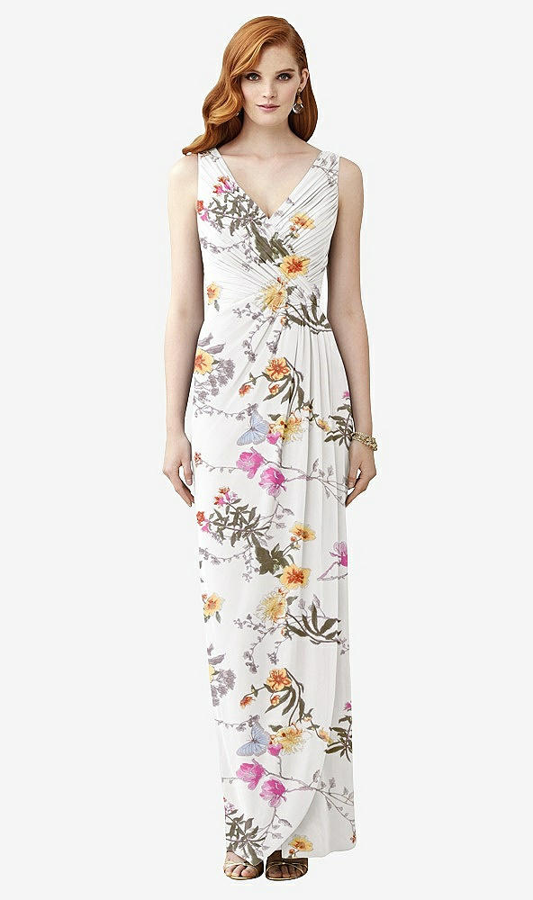 Front View - Butterfly Botanica Ivory Sleeveless Draped Faux Wrap Maxi Dress - Dahlia