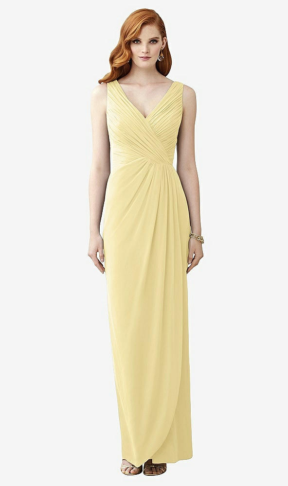 Front View - Pale Yellow Sleeveless Draped Faux Wrap Maxi Dress - Dahlia