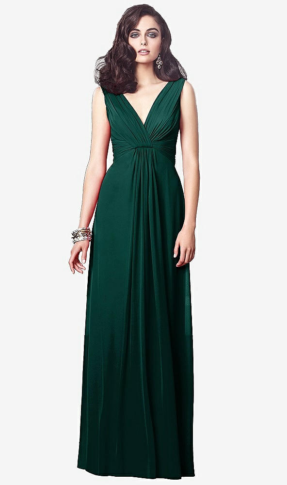 Front View - Evergreen Draped V-Neck Shirred Chiffon Maxi Dress