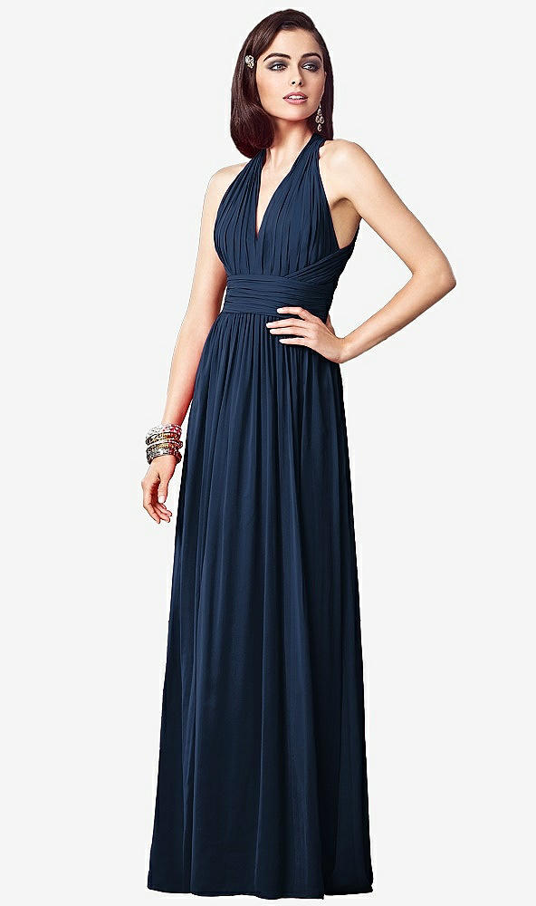 Front View - Midnight Navy Ruched Halter Open-Back Maxi Dress - Jada