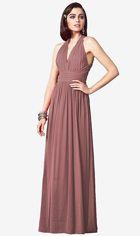 Front View - Rosewood Ruched Halter Open-Back Maxi Dress - Jada