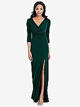 Front View Thumbnail - Evergreen 3/4 Sleeve V-Back Draped Wrap Maxi Dress - Yara