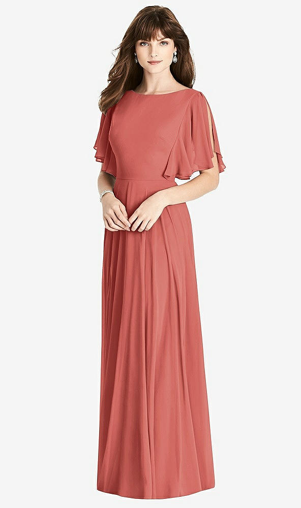 Back View - Coral Pink Split Sleeve Backless Maxi Dress - Lila