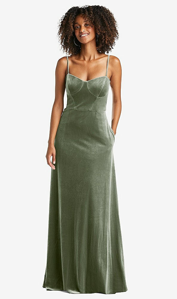 Front View - Sage Bustier Velvet Maxi Dress with Pockets