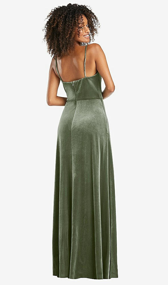 Back View - Sage Bustier Velvet Maxi Dress with Pockets