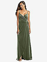 Front View Thumbnail - Sage Velvet Wrap Maxi Dress with Pockets