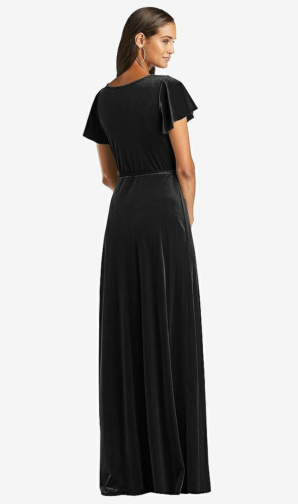 Back View - Black Flutter Sleeve Velvet Wrap Maxi Dress with Pockets