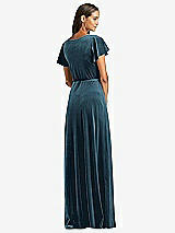 Rear View Thumbnail - Dutch Blue Flutter Sleeve Velvet Wrap Maxi Dress with Pockets