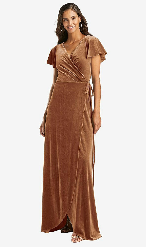 Front View - Golden Almond Flutter Sleeve Velvet Wrap Maxi Dress with Pockets