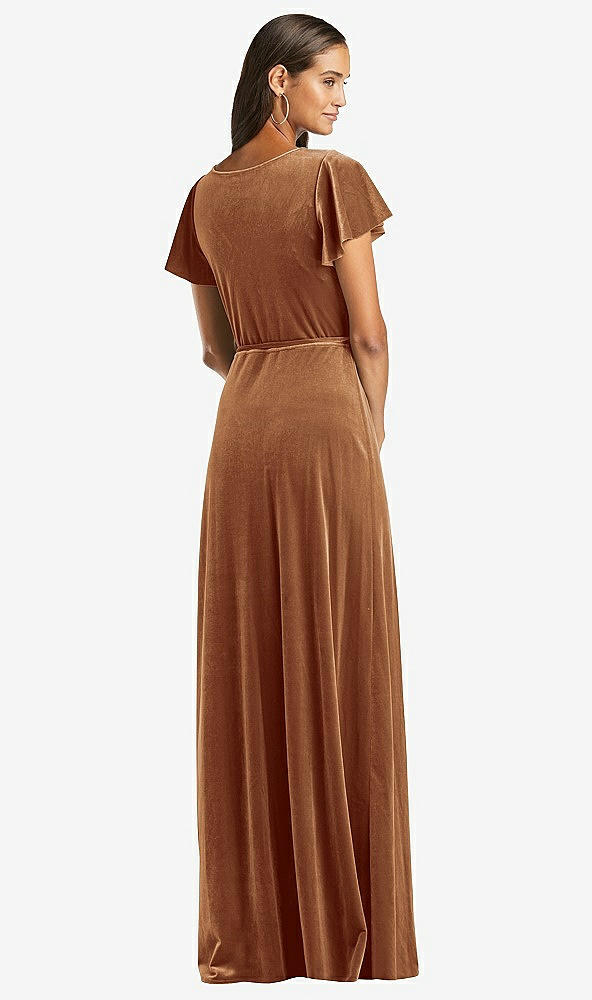 Back View - Golden Almond Flutter Sleeve Velvet Wrap Maxi Dress with Pockets