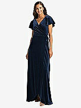 Front View Thumbnail - Midnight Navy Flutter Sleeve Velvet Wrap Maxi Dress with Pockets